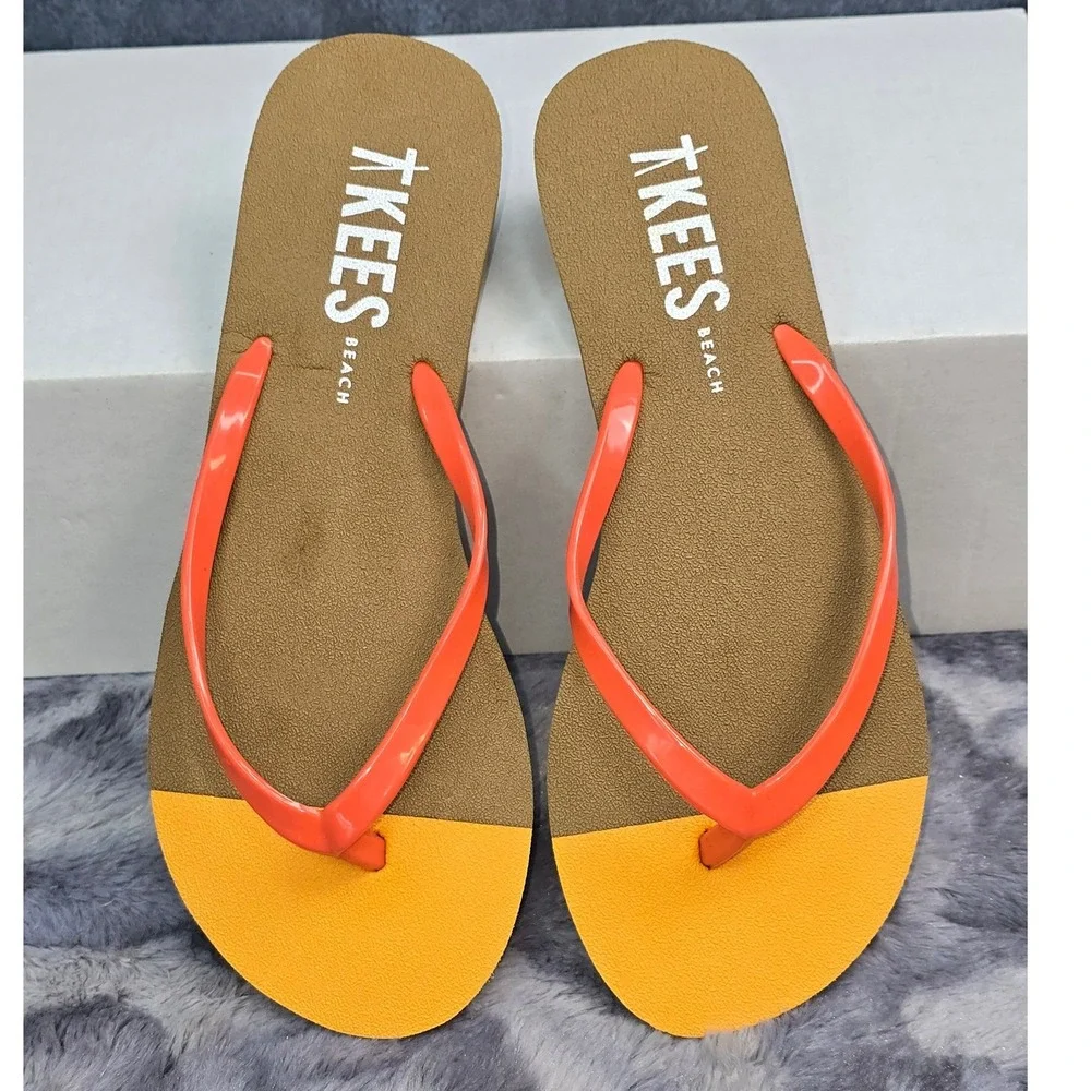 New TKEES Mini Sunfish Flip Flops Orange Yellow Colorblock Beach Kids Size 3